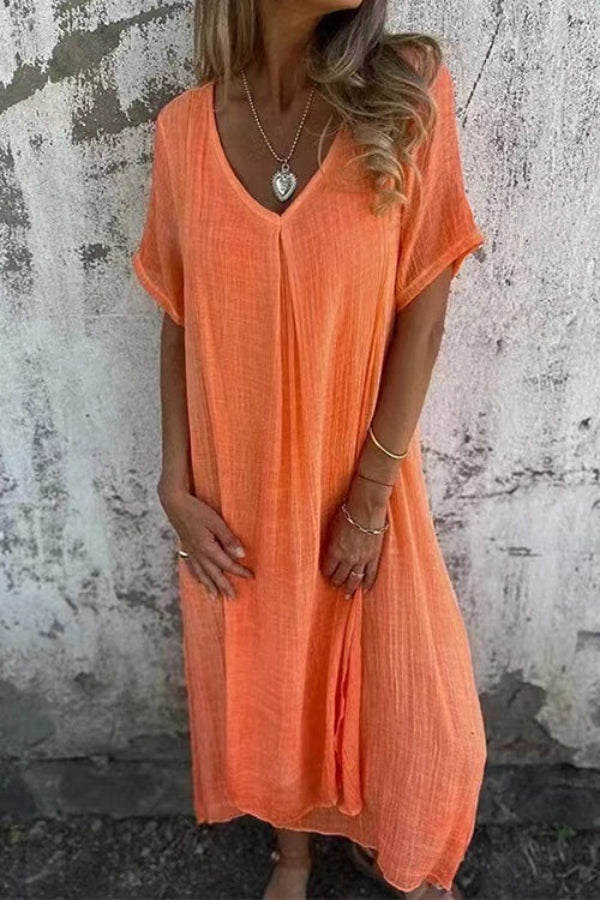 LD | V-hals loose fit katoenen linnen midi-jurk