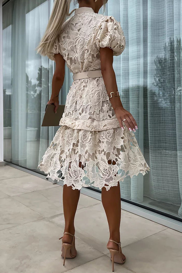 LD | Absoluut Elegant Bloemig Gehaakt Kant Pofmouw Riem Overhemd Midi Dress