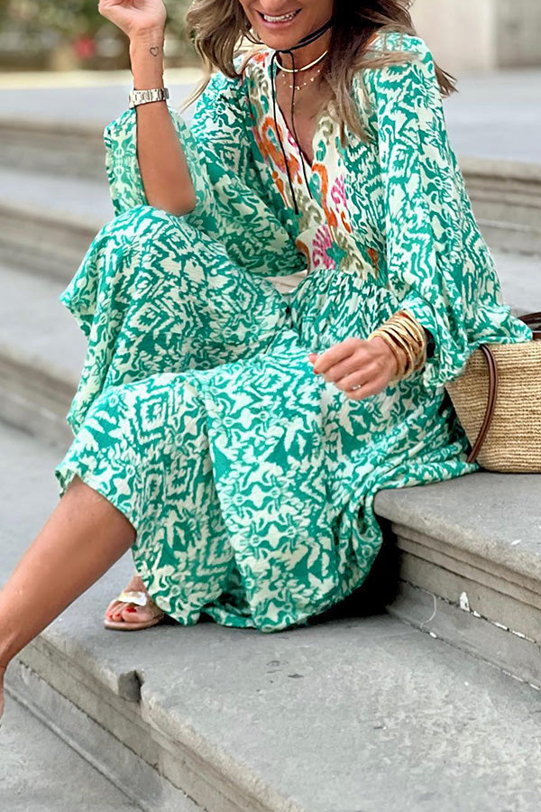 LD | Ledell Groene maxi jurk met V-hals en totemprint