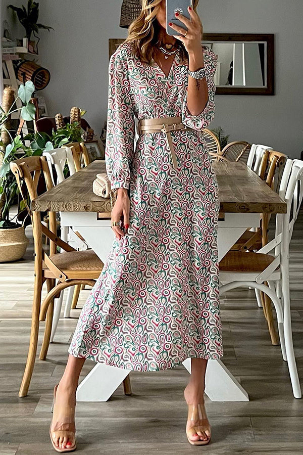 LD | V-hals multi print midi jurk