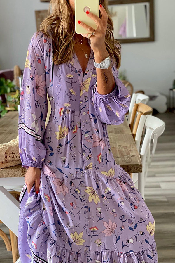 LD | Lavendel Smaak Gedrukte Lange Mouw Knoop A-Lijn Maxi Dress