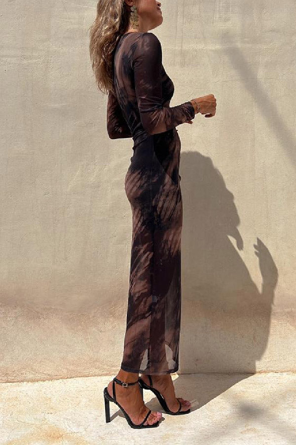LD | Charm Lady Mesh Overlay Tie Dye Print Lange Mouwen Gerimpelde Stretch Midi Dress