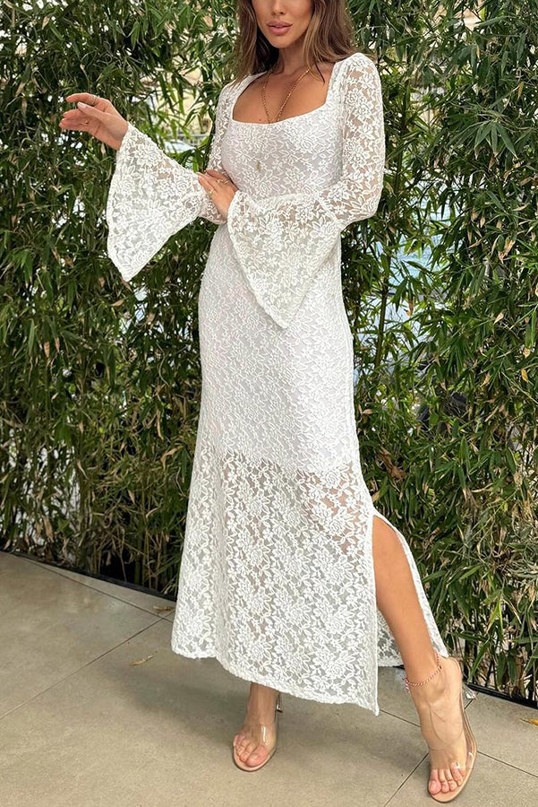 LD Luxe Lifestyle Kant Jurk met Vierkante Hals Klokmouwen Gevoerd Split Midi Dress