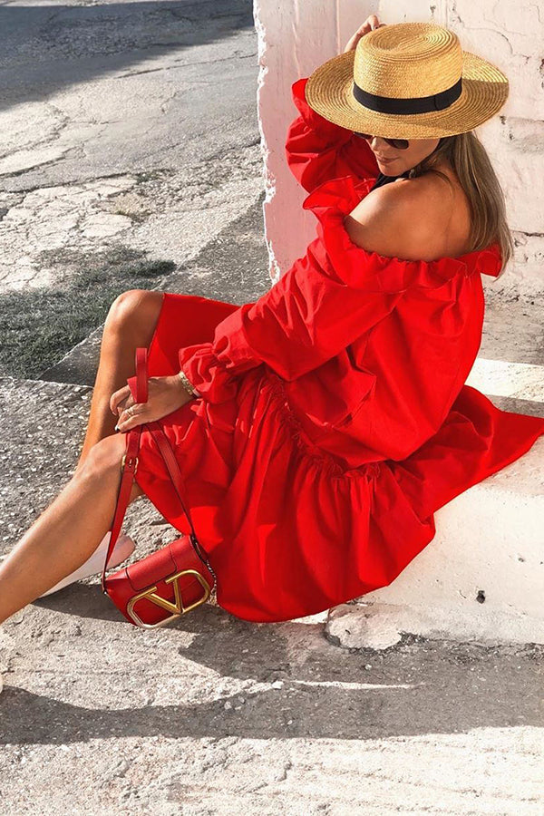 LD Fionna Off Shoulder Ruffle Irregular Trim Loose Midi Dress