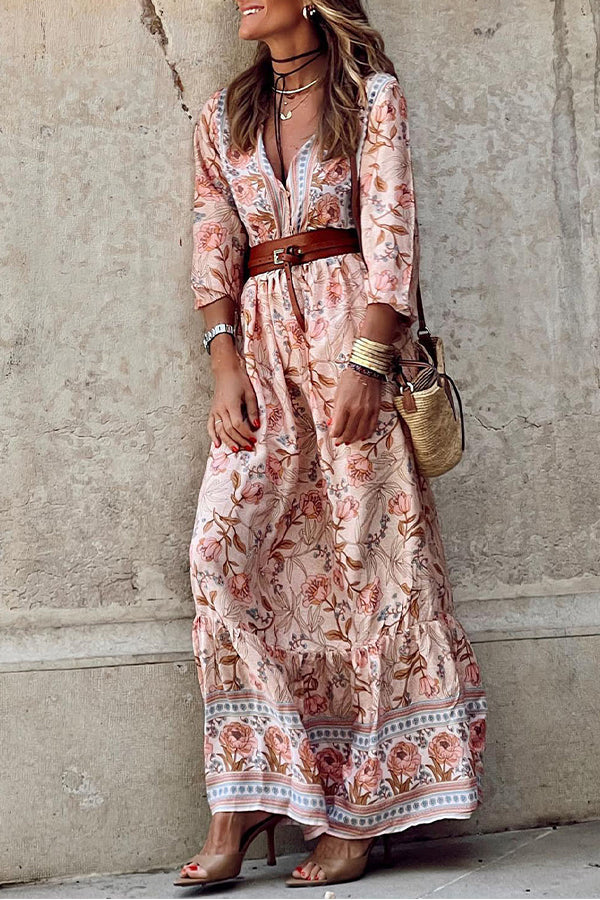 LD | Roze Sexy Bohemian Bloemen V-Hals Ruffle Maxi Dress