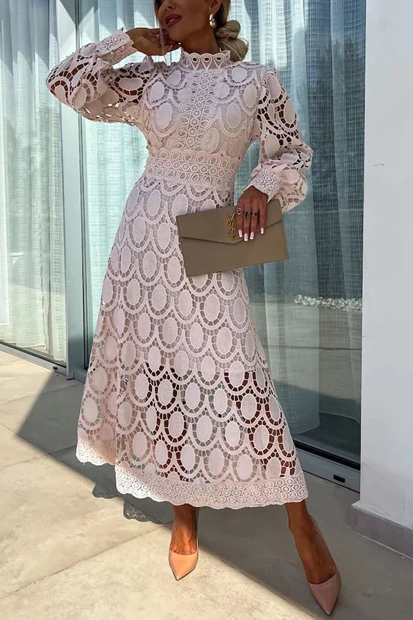 LD sensuele en elegante midi-jurk met gehaakte kanten lantaarnmouwen