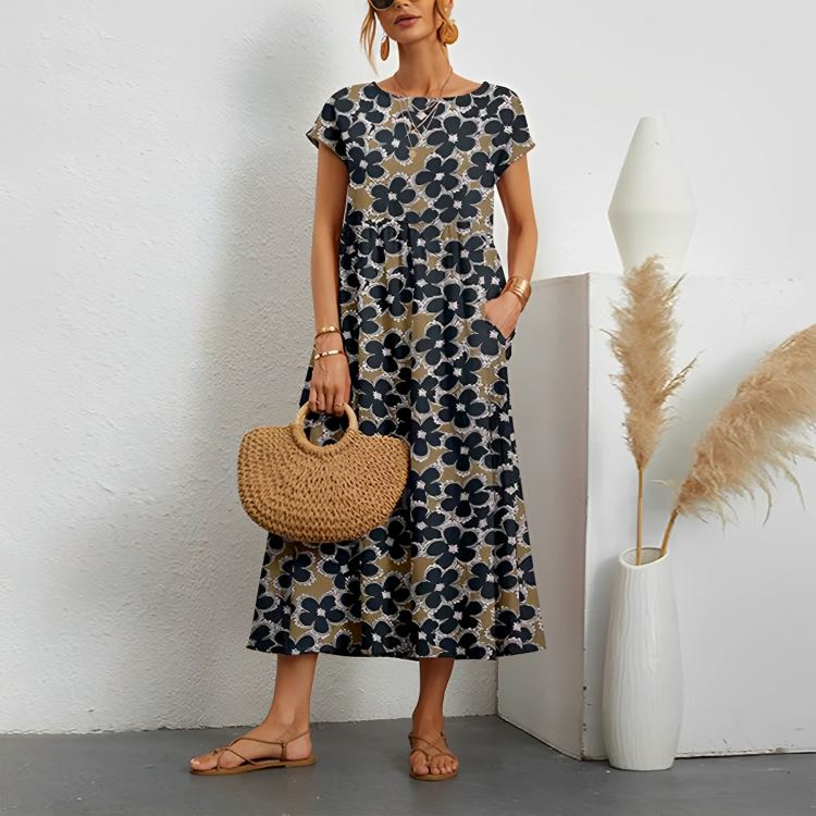 LD | Moderne midi-jurk met bloemenprint en korte mouwen