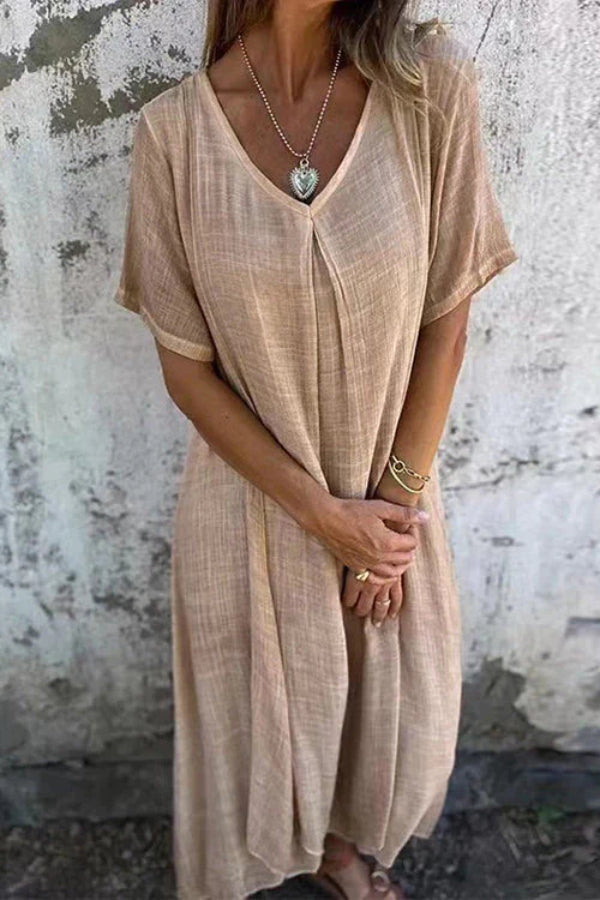 LD | V-hals loose fit katoenen linnen midi-jurk