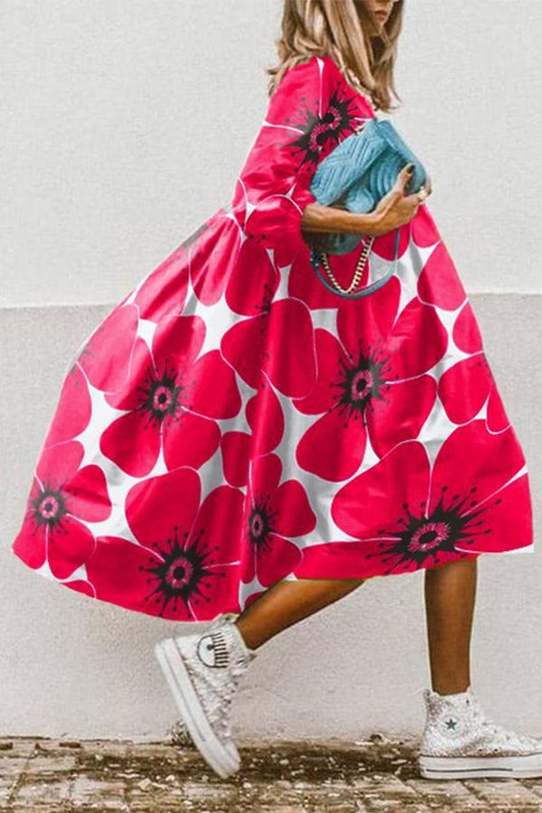 LD | Vintage bloemenprint hoge lage zoom A-lijn midi jurk