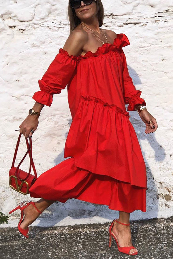 LD Fionna Off Shoulder Ruffle Irregular Trim Loose Midi Dress