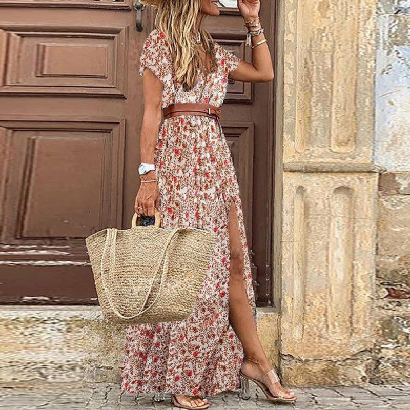 LD Dames V-hals korte mouw bohemian maxi jurk met paisleyprint in 2 kleuren S-3XL