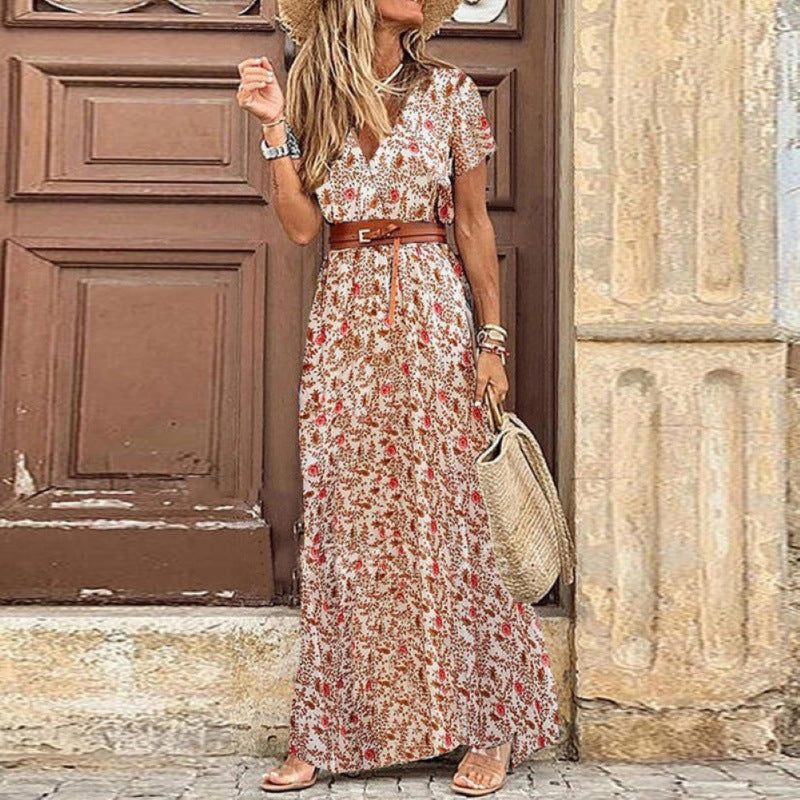 LD Dames V-hals korte mouw bohemian maxi jurk met paisleyprint in 2 kleuren S-3XL
