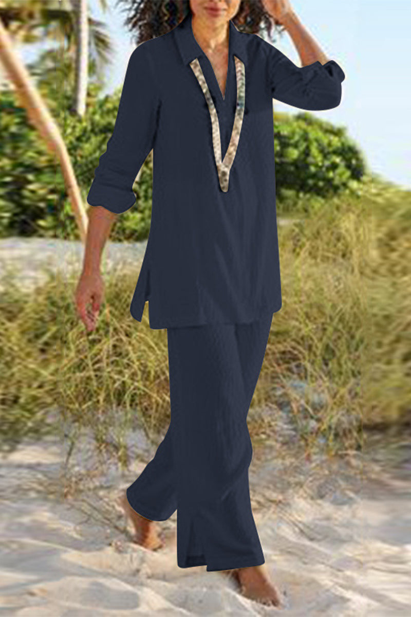 LD Casual effen V-hals lange mouwen tweedelig (4 kleuren)