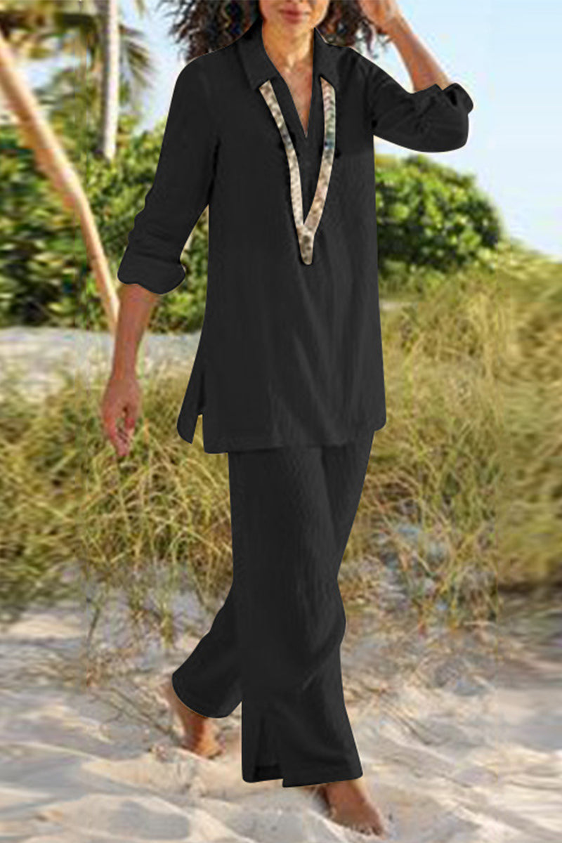 LD Casual effen V-hals lange mouwen tweedelig (4 kleuren)