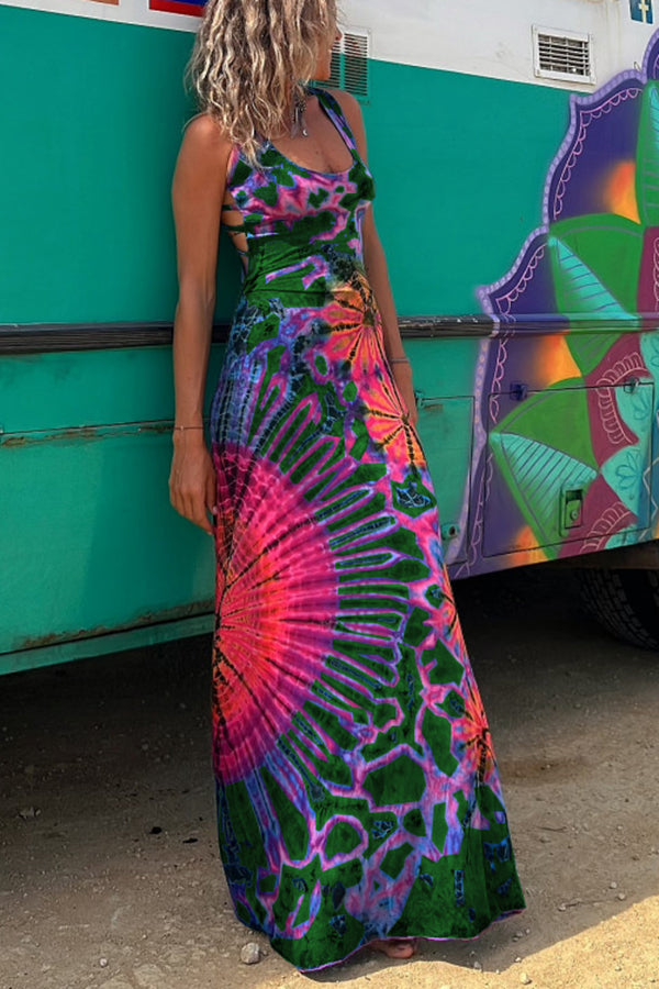 LD | La Bamba tie-dye print achter vetersluiting stretch maxi jurk