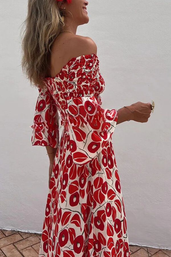 LD | Close To The Vacation Bloemenprint Gesmockte Off Shoulder Pocketed Maxi Dress