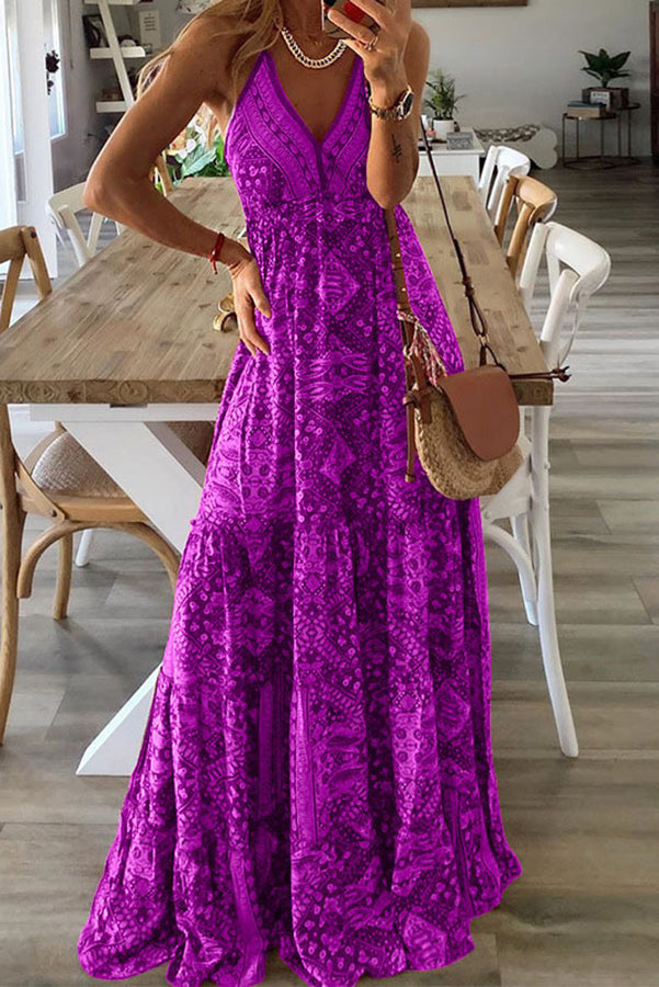 LD Celeste Boho geprinte maxi jurken met elastiek in de taille