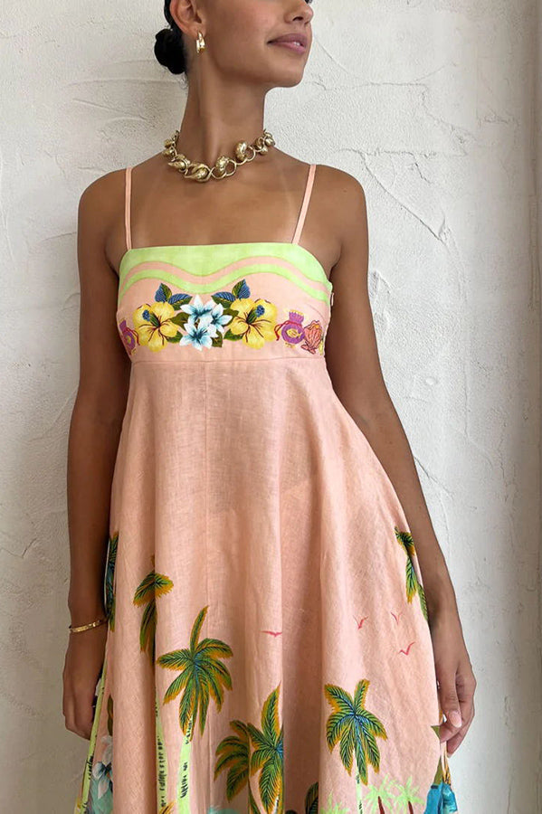 LD | Coconut Scenery Linnenmix Tropische Print Midi Dress met gesmokte rug