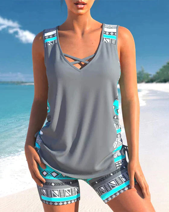 LD | Tankini met tribalprint en gekruiste details