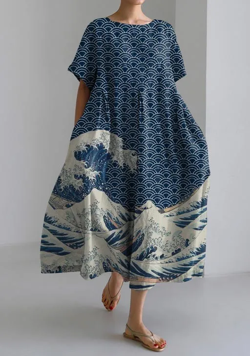LD | Tania - Casual, loszittende marine jurk met korte mouwen in Japanse stijl