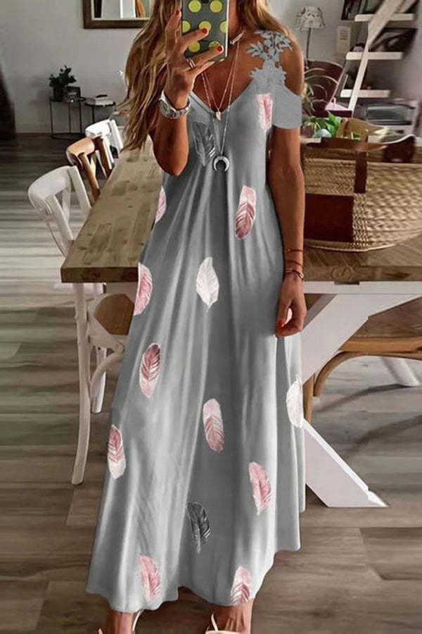 LD Viana Contrastkleurige maxi-jurk met kantprint en rechte mouwen