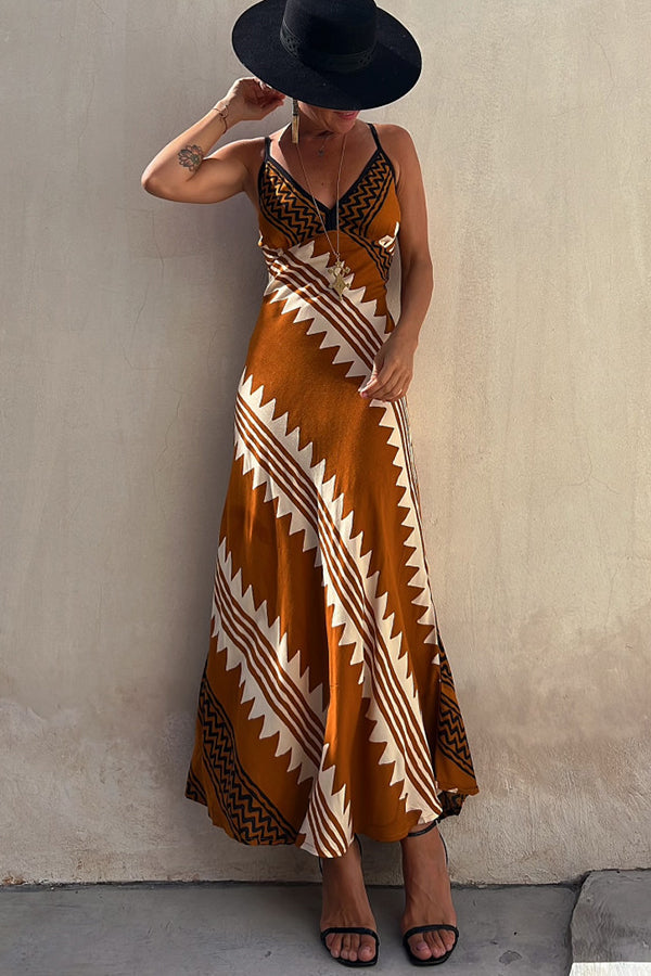 LD | Always Falling Satin Midi Dress met etnische print en gesmokte rug