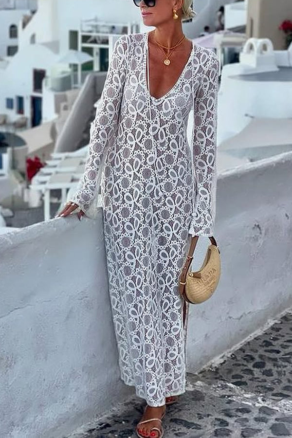 LD Santorini Sunset Floral Lace Long Sleeve Slit Holiday Maxi Dress