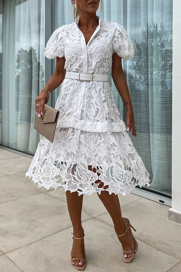 LD | Absoluut Elegant Bloemig Gehaakt Kant Pofmouw Riem Overhemd Midi Dress