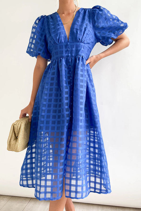 LD | Opmerkelijke Schoonheid Vierkante Gedessineerde Stof Puff Mouwen Party Midi Dress