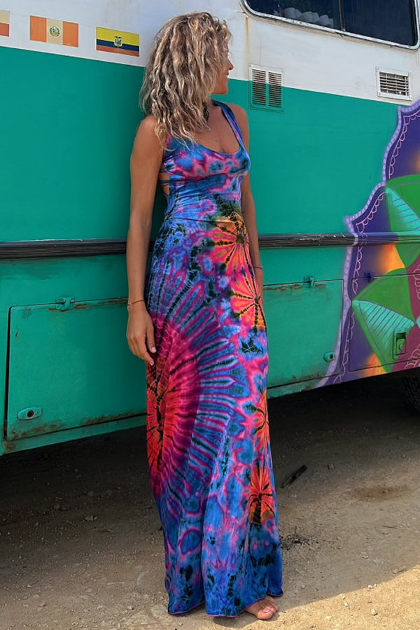 LD | La Bamba tie-dye print achter vetersluiting stretch maxi jurk