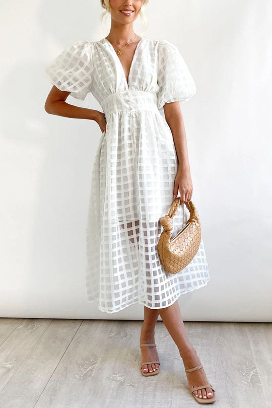 LD | Opmerkelijke Schoonheid Vierkante Gedessineerde Stof Puff Mouwen Party Midi Dress