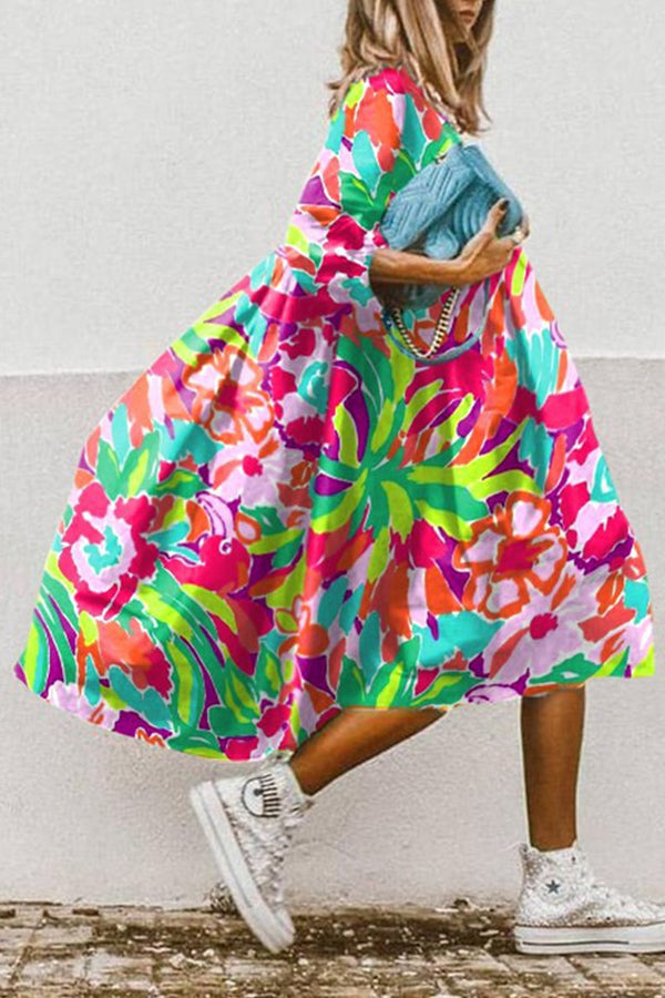 LD | Vintage bloemenprint hoge lage zoom A-lijn midi jurk