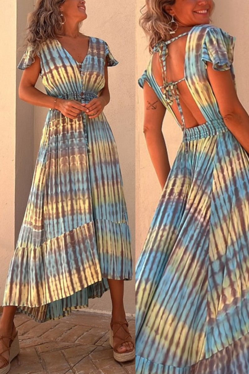 LD Lorina Tie-dye Print Button Smocked Waist Backless Midi Dress
