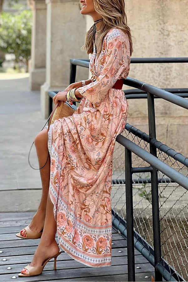 LD | Roze Sexy Bohemian Bloemen V-Hals Ruffle Maxi Dress