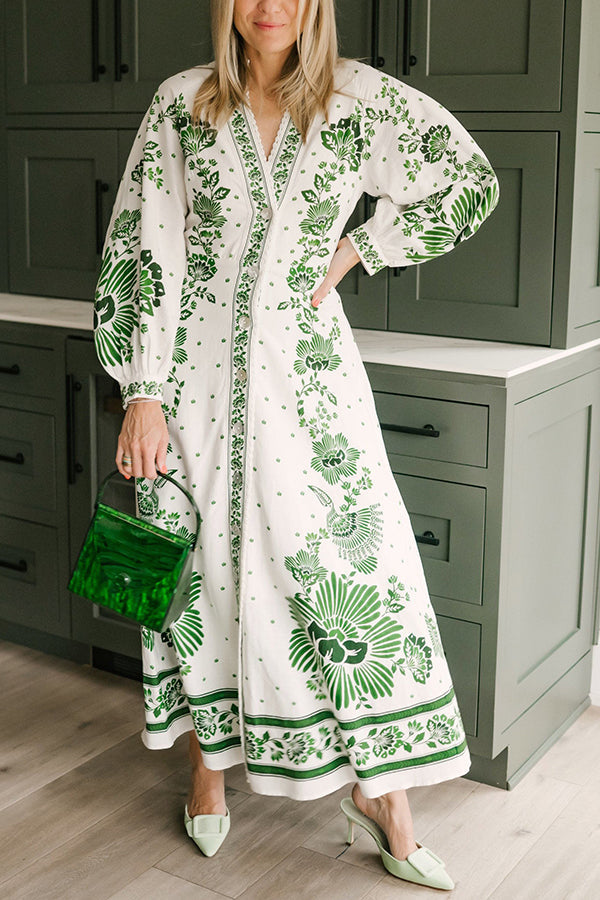 LD | Unieke Print Button Down Lange Mouw Shirt Maxi Dress