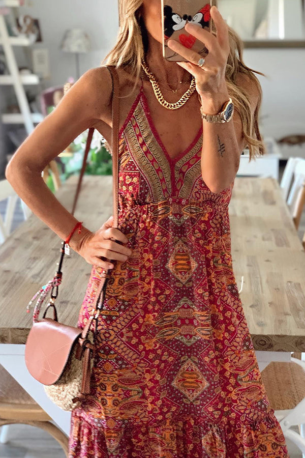 LD Celeste Boho geprinte maxi jurken met elastiek in de taille