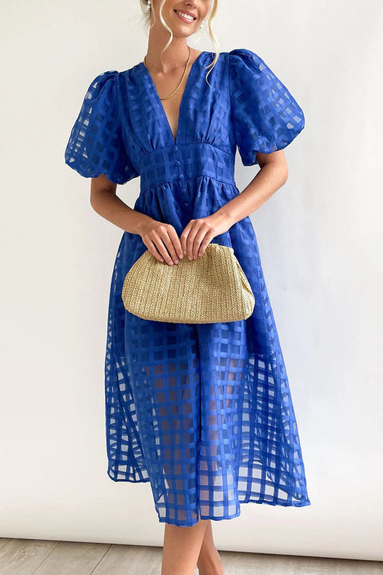LD | Opmerkelijke Schoonheid Vierkante Gedessineerde Stof Puff Mouwen Party Midi Dress