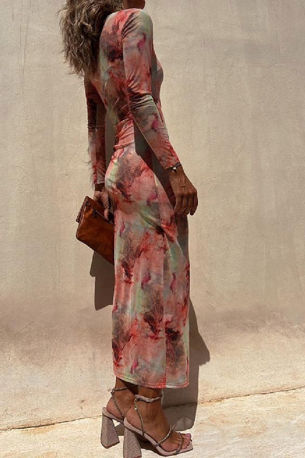 LD | Charm Lady Mesh Overlay Tie Dye Print Lange Mouwen Gerimpelde Stretch Midi Dress
