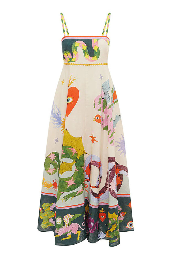 LD | Feel Moeiteloos Linnenmix Unieke Print Midi Dress met Gesmokte Rug