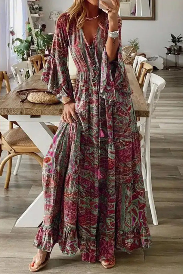LD | V-hals Losse Peris Print Vakantie Lange Mouw Maxi Dress