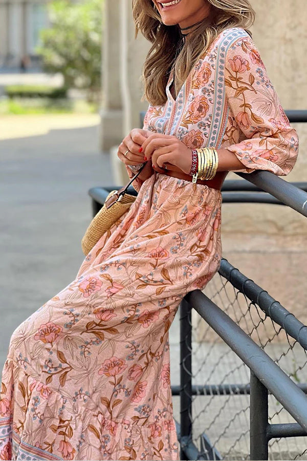 LD | Roze Sexy Bohemian Bloemen V-Hals Ruffle Maxi Dress