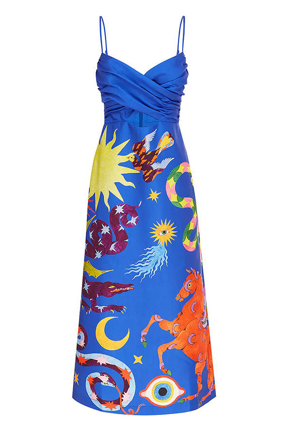 LD | Main Stage Uniek bedrukte Ruffled Cross Over Detail Midi Dress