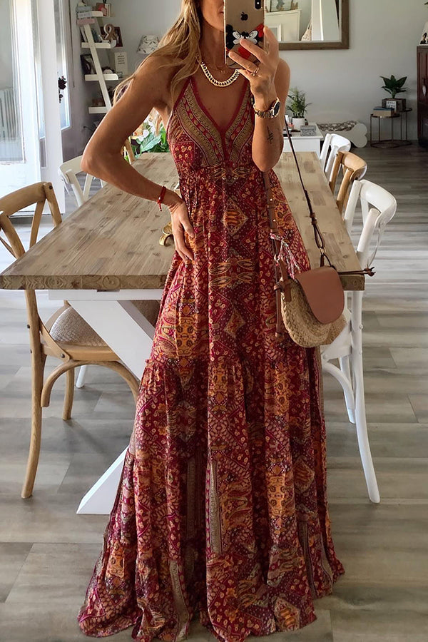 LD Celeste Boho geprinte maxi jurken met elastiek in de taille
