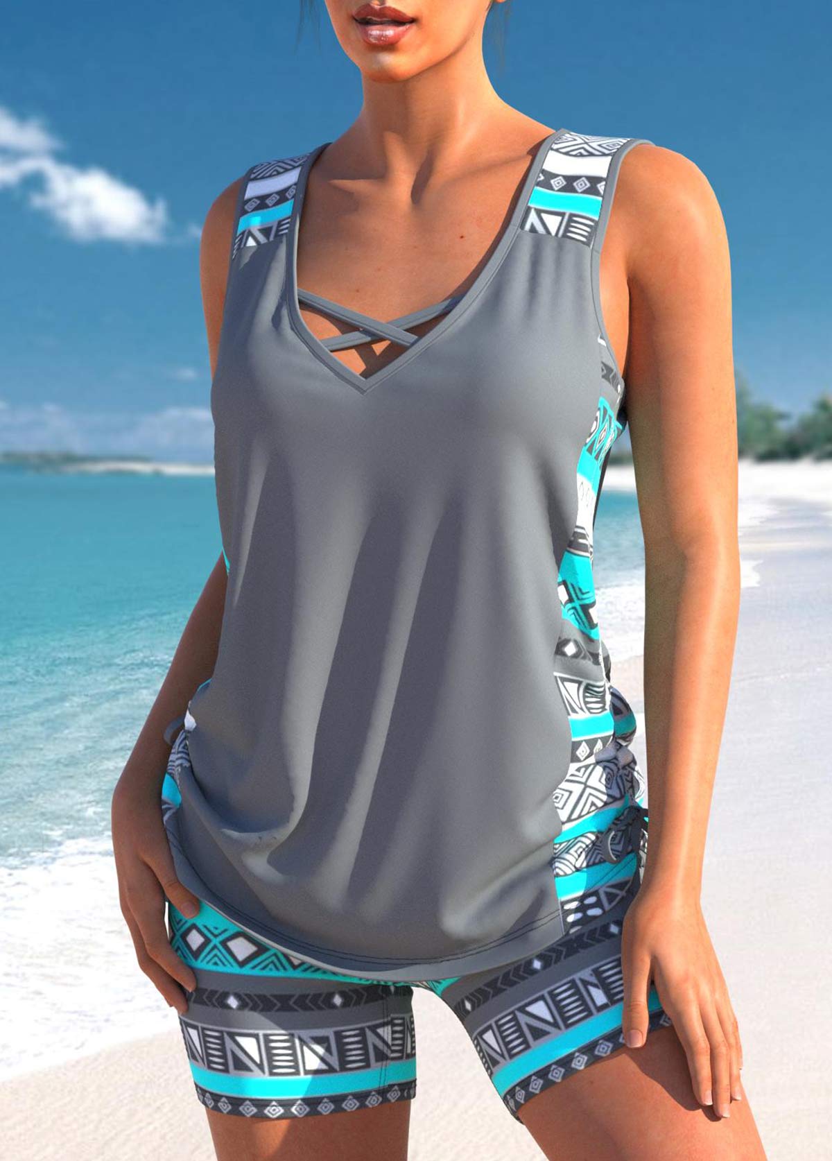 LD | Tankini met tribalprint en gekruiste details