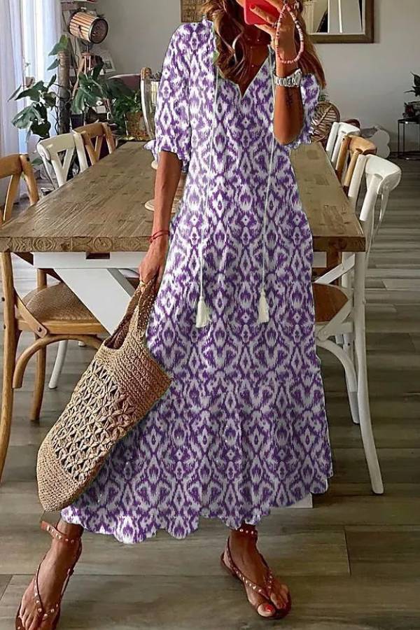 LD | Geometrische print Casual V-hals maxi jurk