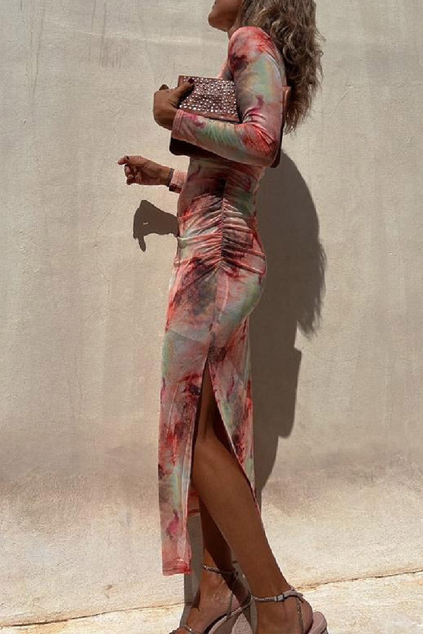 LD | Charm Lady Mesh Overlay Tie Dye Print Lange Mouwen Gerimpelde Stretch Midi Dress