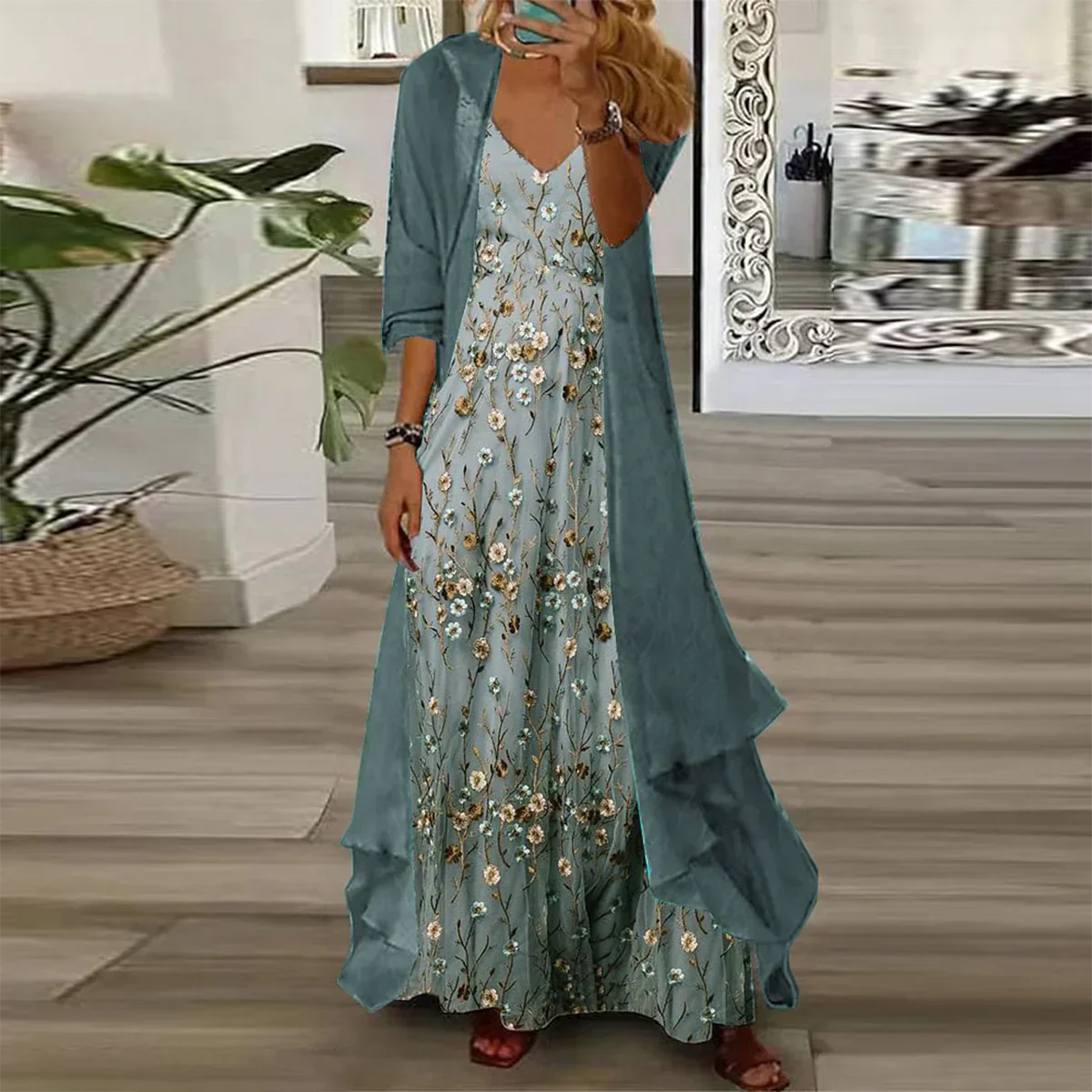 LD | Jeugdige Ditsy Bloemenprint Maxi Jurk met Skinny Jasje Tweedelige Outfits