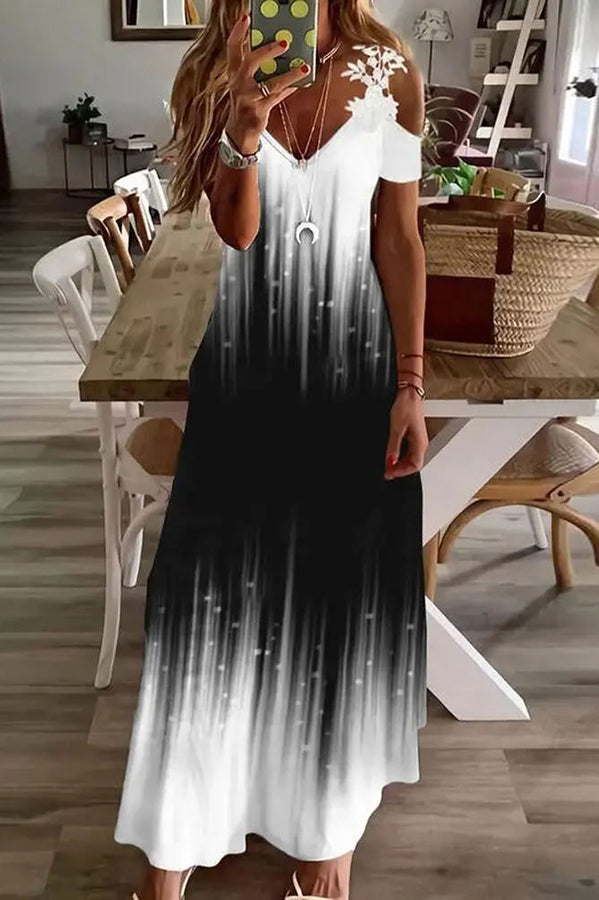 LD Viana Contrastkleurige maxi-jurk met kantprint en rechte mouwen