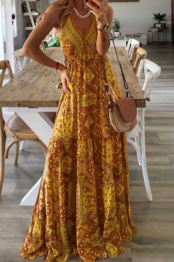 LD Celeste Boho geprinte maxi jurken met elastiek in de taille