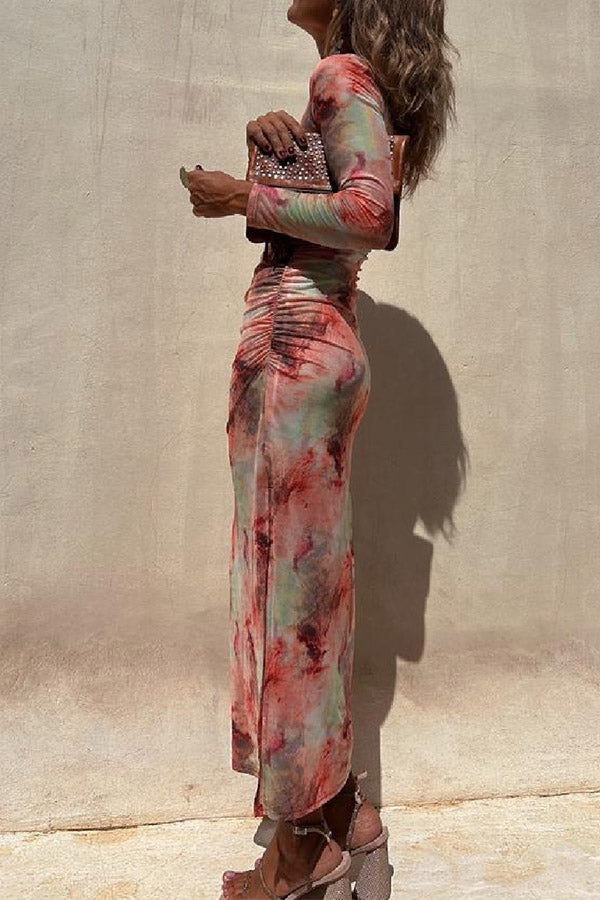 LD | Charm Lady Mesh Overlay Tie Dye Print Lange Mouwen Gerimpelde Stretch Midi Dress